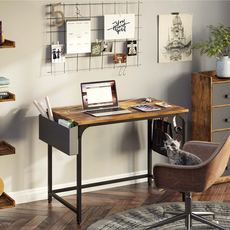 Rolanstar Computer Desk with Power Outlet, Side Storage Bag and Iron Hooks 39 Inch