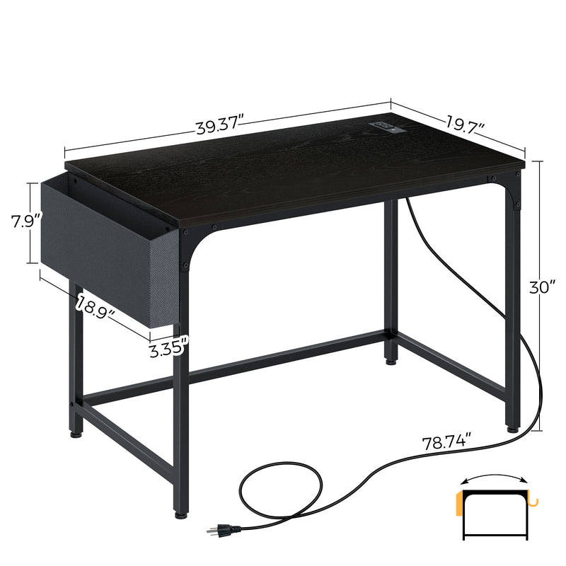 Rolanstar Computer Desk with Power Outlet, Side Storage Bag and Iron Hooks 39/47/55/63 Inch