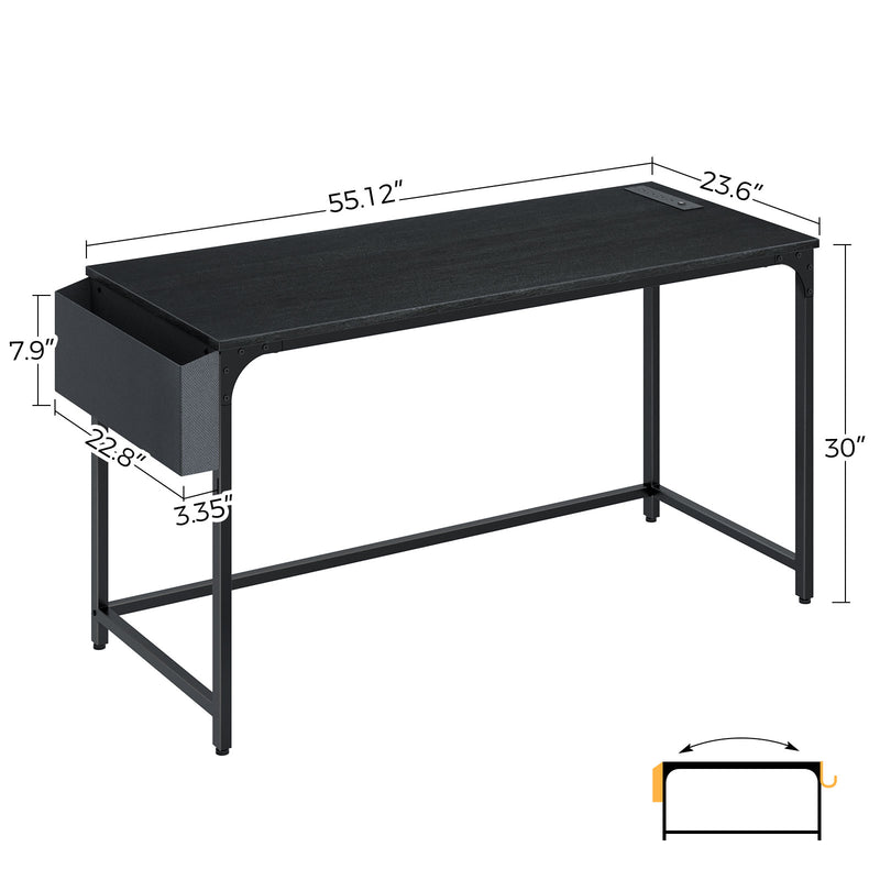 Rolanstar Computer Desk with Power Outlet, Side Storage Bag and Iron Hooks 55 Inch