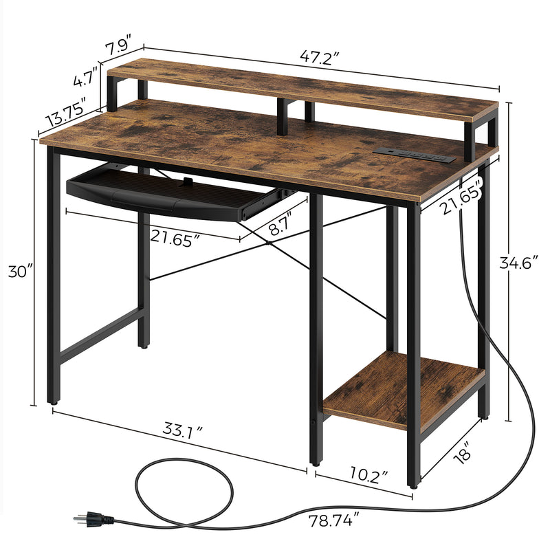 Rolanstar Computer Desk with Power Outlet, Keyboard Tray and Monitor Stand 47 Inch