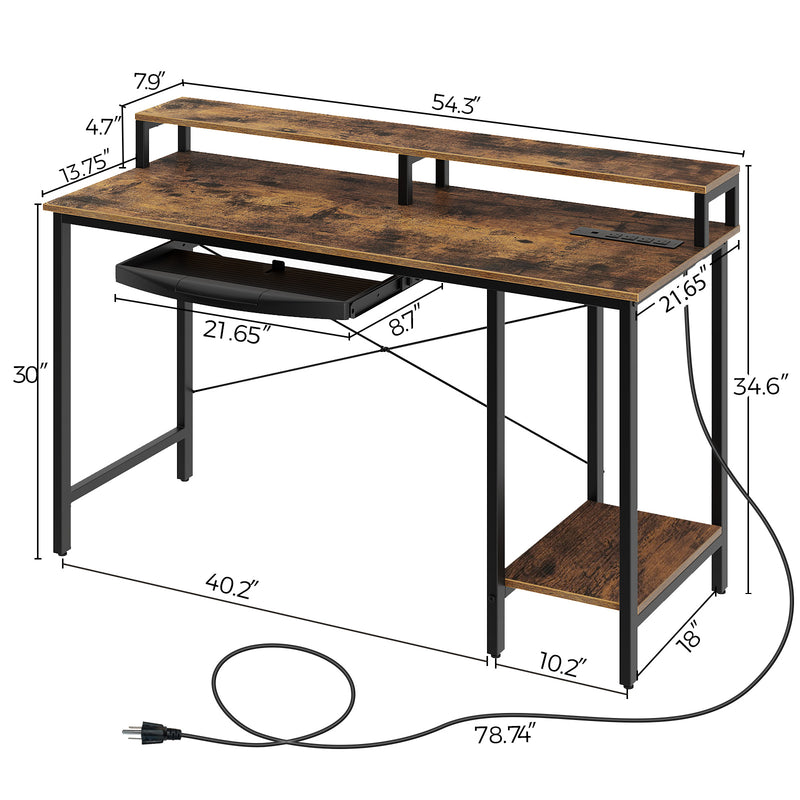 Rolanstar Computer Desk with Power Outlet, Keyboard Tray and Monitor Stand 55 Inch