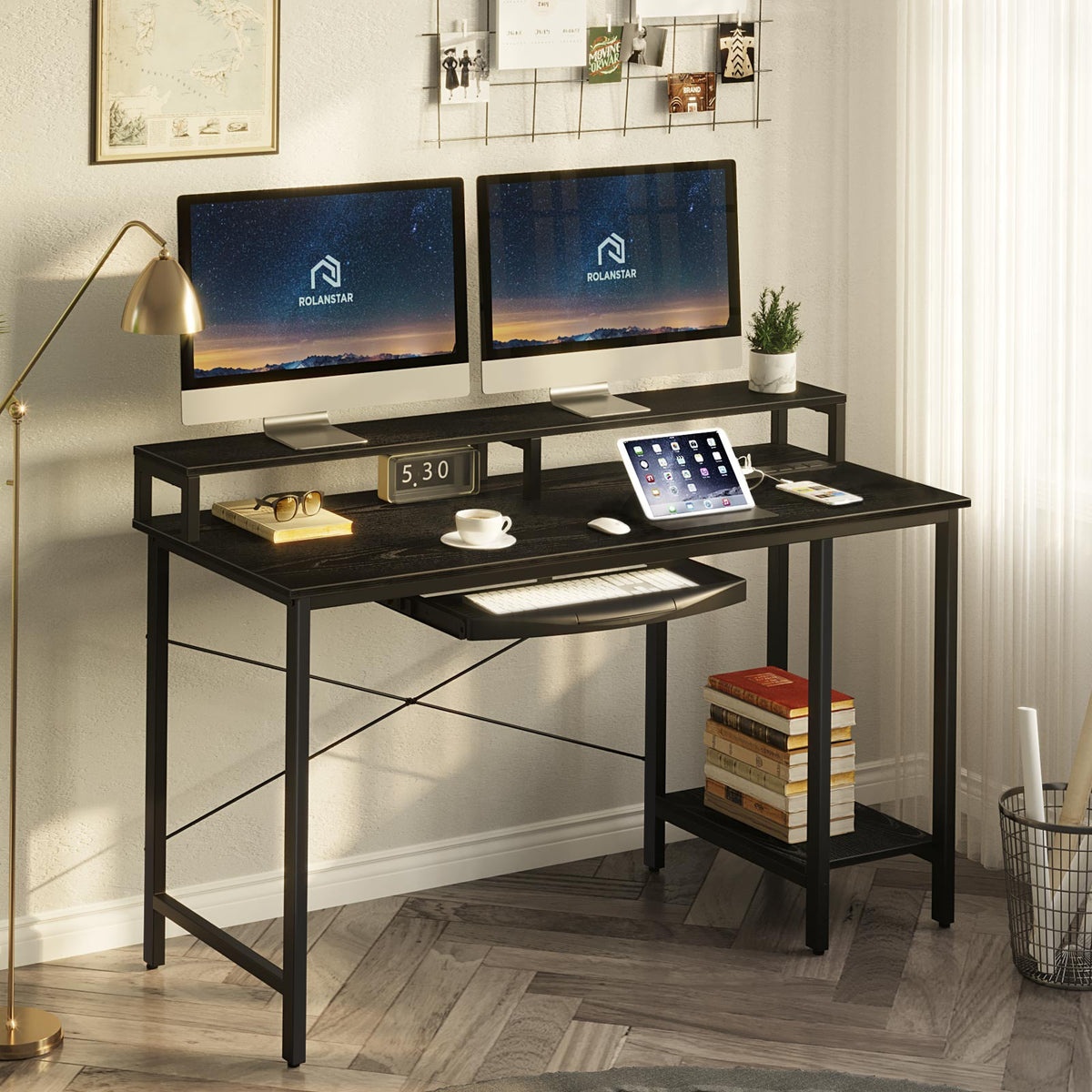 Rolanstar Computer Desk with Power Outlet, Keyboard Tray and Monitor S