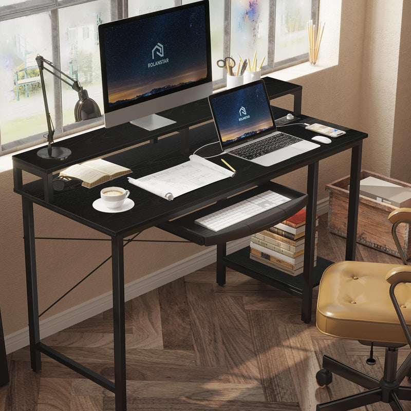 Rolanstar Computer Desk with Power Outlet, Keyboard Tray and Monitor Stand 55 Inch