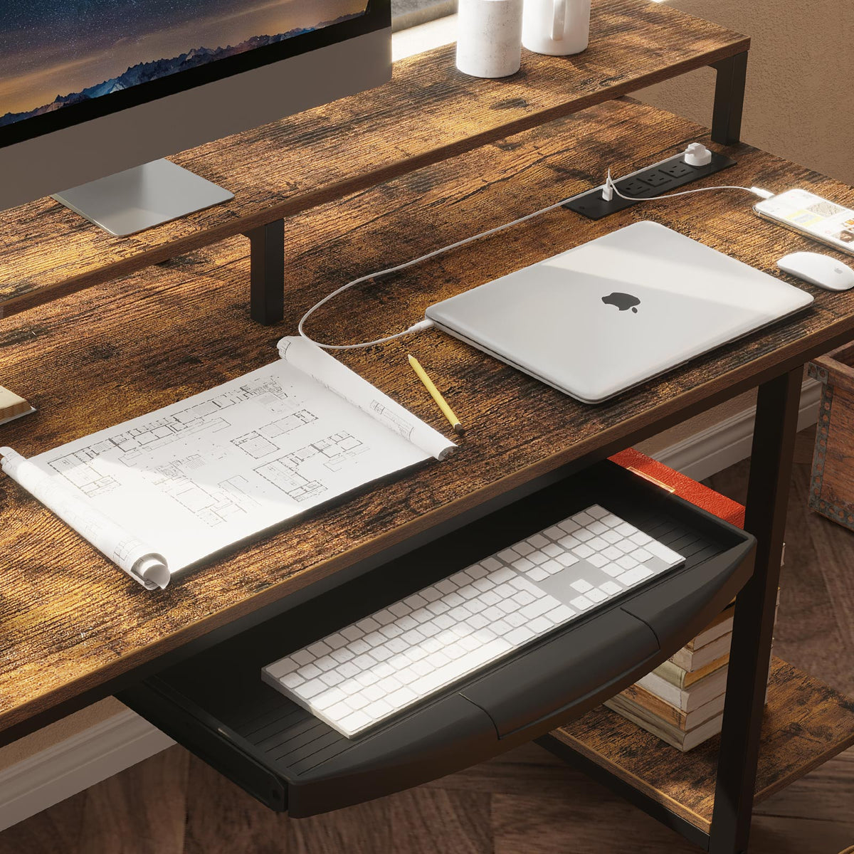 Rolanstar Computer Desk with Power Outlet, Keyboard Tray and Monitor S