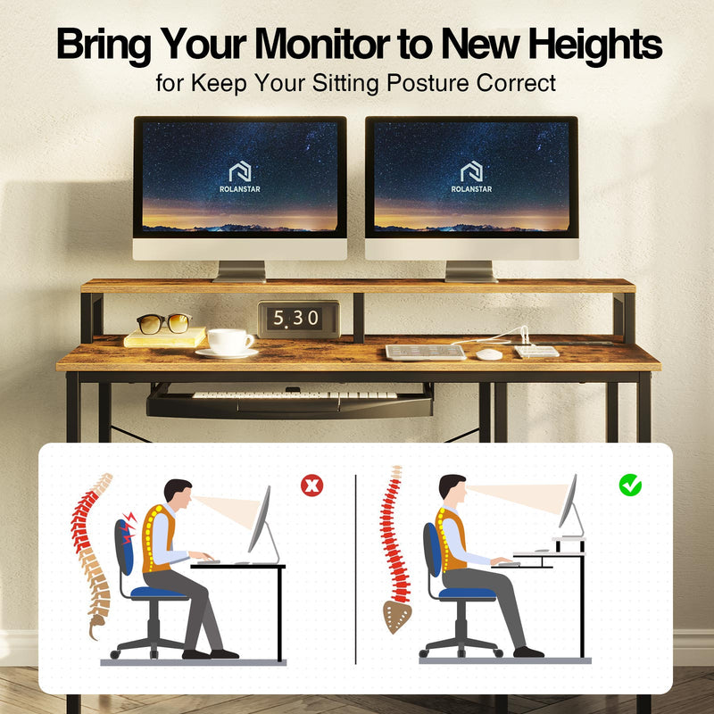 Rolanstar Computer Desk with Power Outlet, Keyboard Tray and Monitor Stand 47 Inch