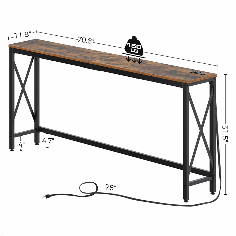 Rolanstar Console Table with Power Outlet, Narrow Sofa Table, 55” Farmhouse Table behind Sofa Couch Hallway Entrance for Living Room