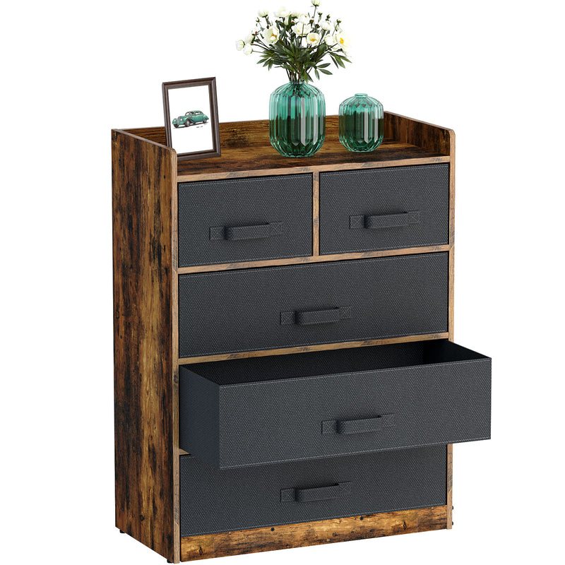 Rolanstar Rustic Dresser with 5 Drawers, Chest of Drawers with 5 Fabric Drawers