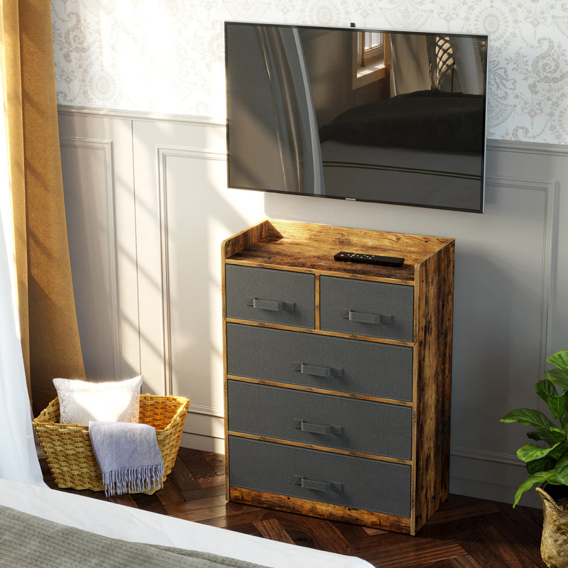 Rolanstar Rustic Dresser with 5 Drawers, Chest of Drawers with 5 Fabric Drawers