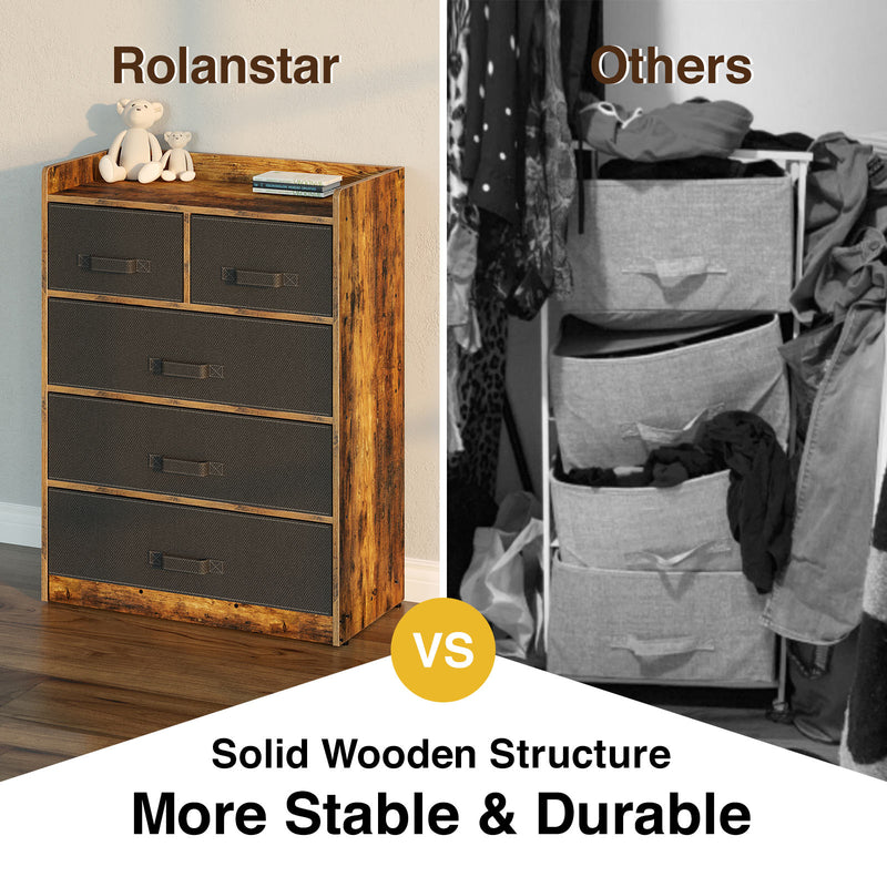 Rolanstar Rustic Dresser with 5 Drawers, Chest of Drawers with 5 Fabric Drawers