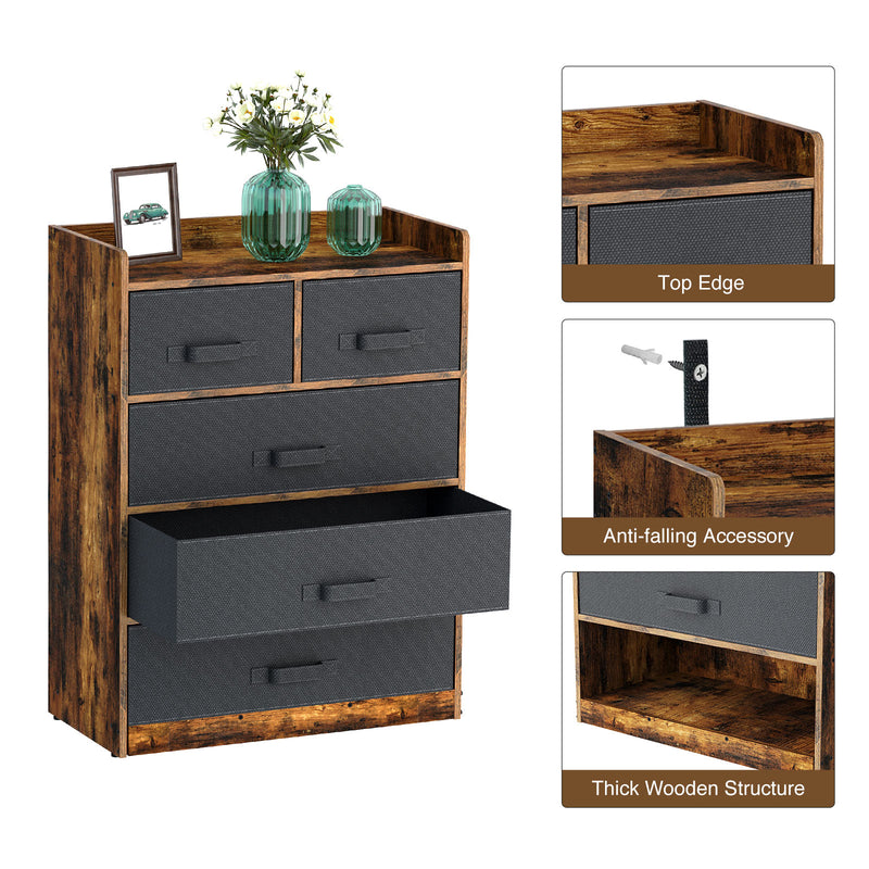 Rolanstar Rustic Dresser with 5 Drawers, Chest of Drawers with 5 Fabric Drawers