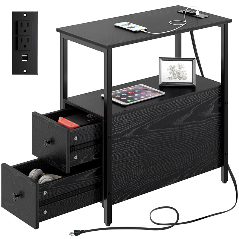 Rolanstar Narrow End Table with Wooden Drawers and USB Ports & Power Outlets