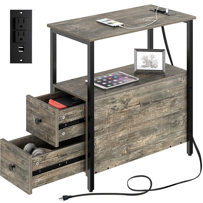 Rolanstar Narrow End Table with Wooden Drawers and USB Ports & Power Outlets