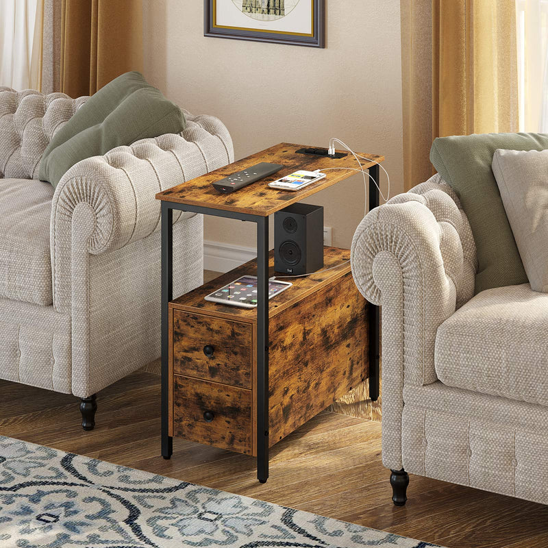 Rolanstar Narrow End Table with Wooden Drawers and USB Ports & Power Outlets