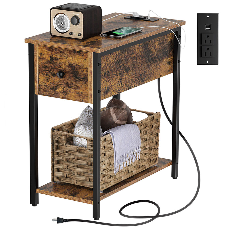 Rolanstar Narrow End Table with Charging Station & Rattan Basket