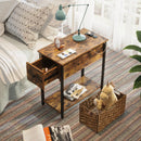 Rolanstar Narrow End Table with Charging Station & Rattan Basket