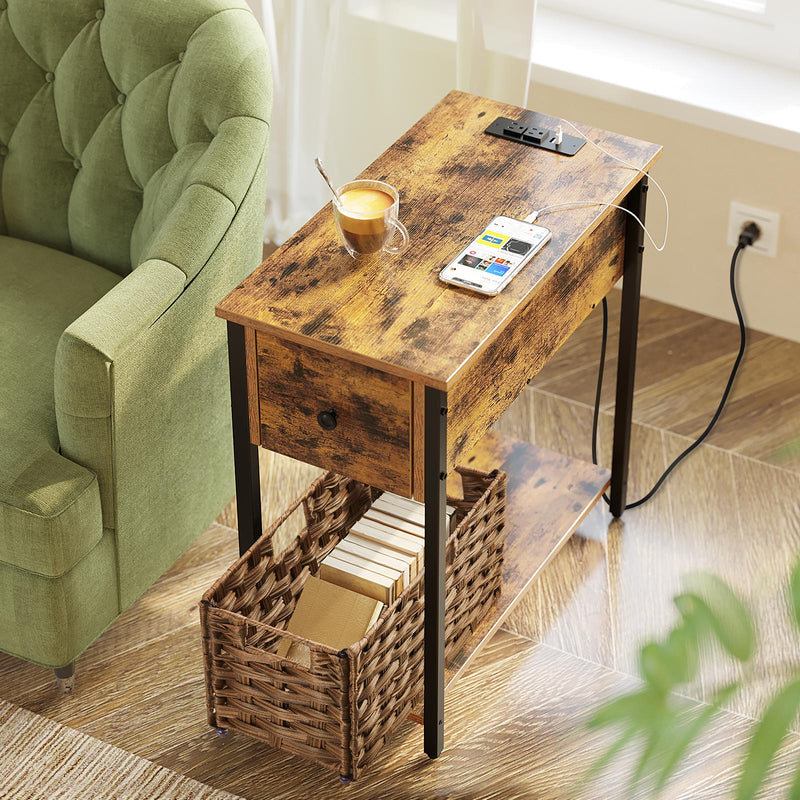 Rolanstar Narrow End Table with Charging Station & Rattan Basket