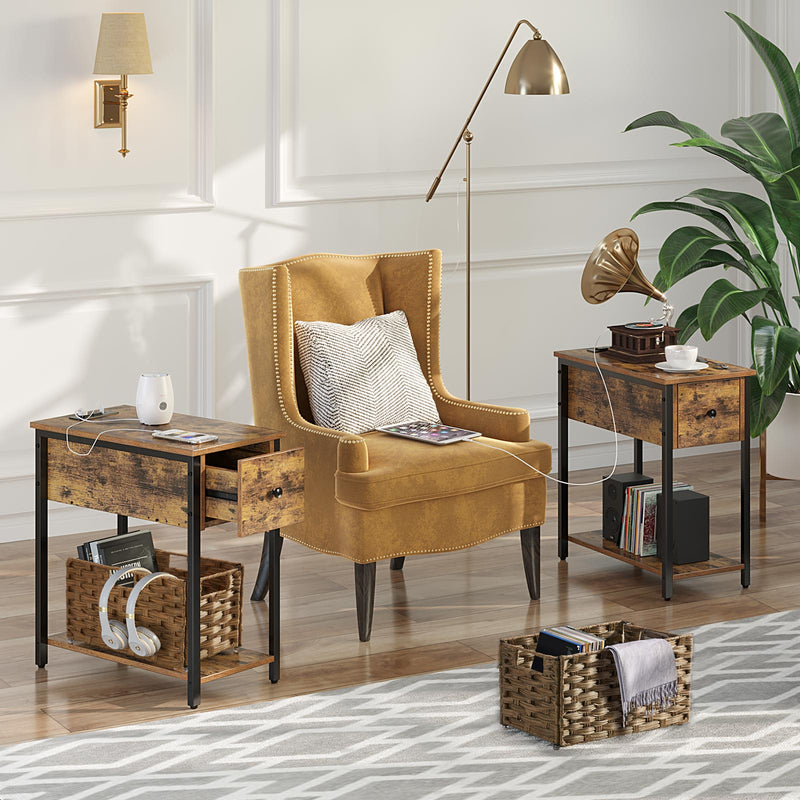 Rolanstar Narrow End Table with Charging Station & Rattan Basket