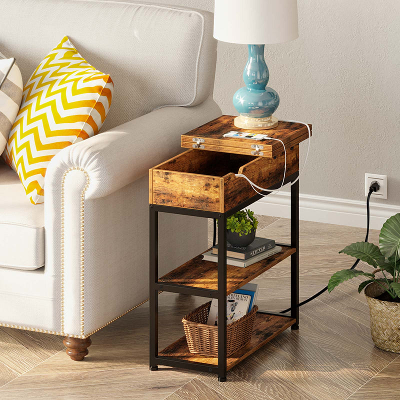 Rolanstar Flip Top Side Table with Power Outlet, 2-Tier Organizer Shelves