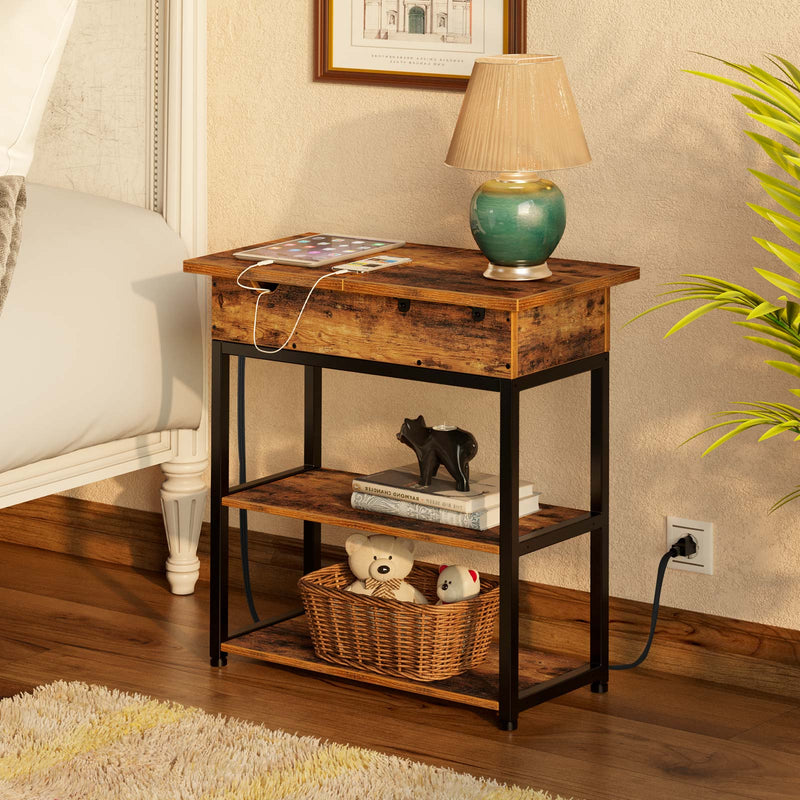 Rolanstar Flip Top Side Table with Power Outlet, 2-Tier Organizer Shelves