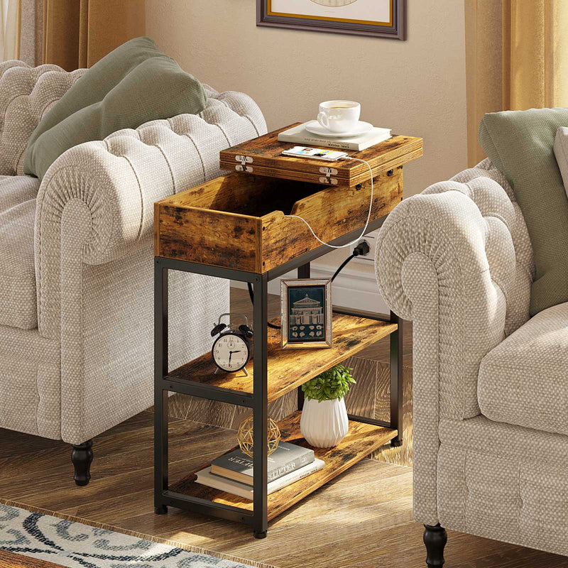 Rolanstar Flip Top Side Table with Power Outlet 2 Tier Organizer Shel