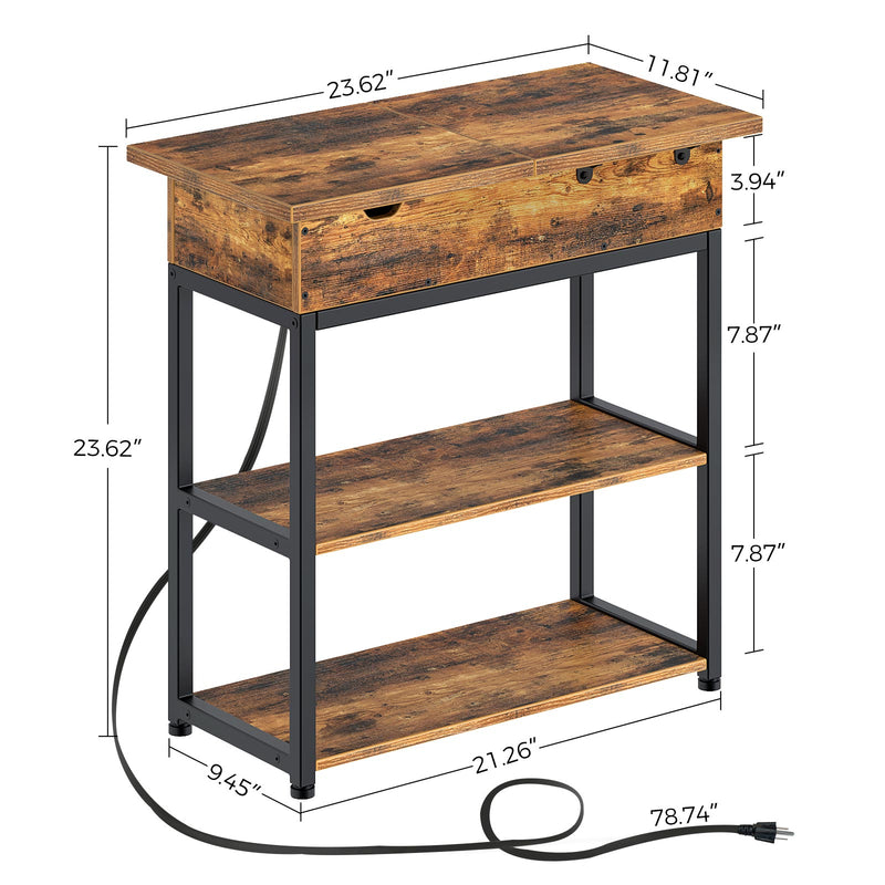 Rolanstar Flip Top Side Table with Power Outlet, 2-Tier Organizer Shelves