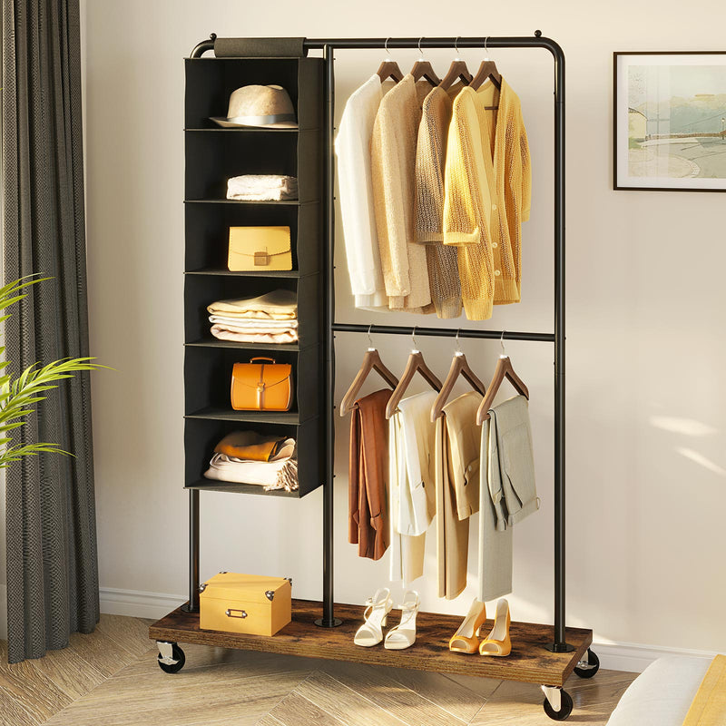 Rolanstar Garment Rack with Hanging Closet Organizer & Height Adjustable Middle Bar