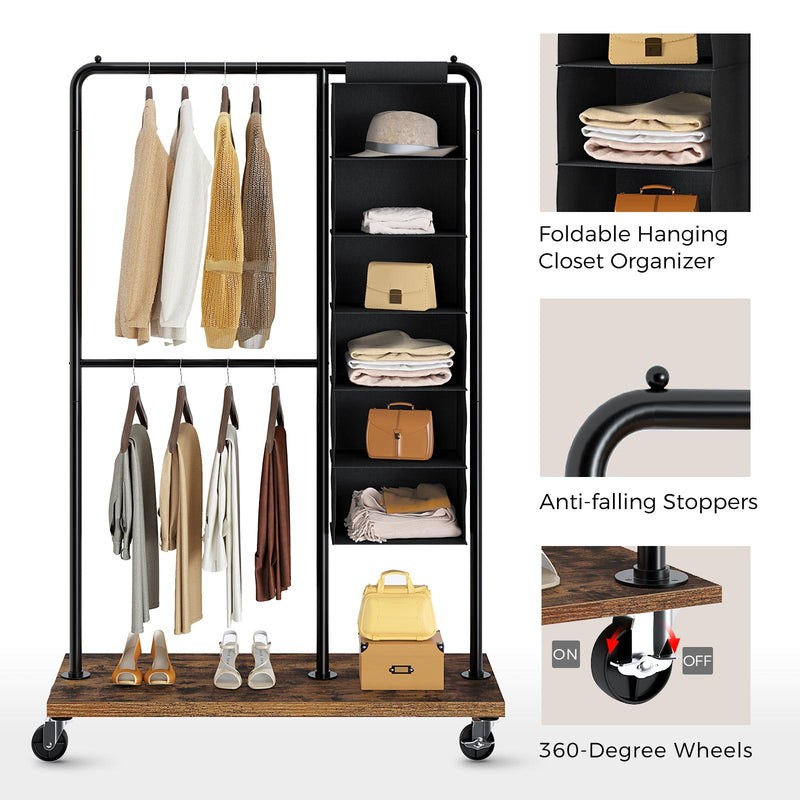 Rolanstar Garment Rack with Hanging Closet Organizer & Height Adjustable Middle Bar