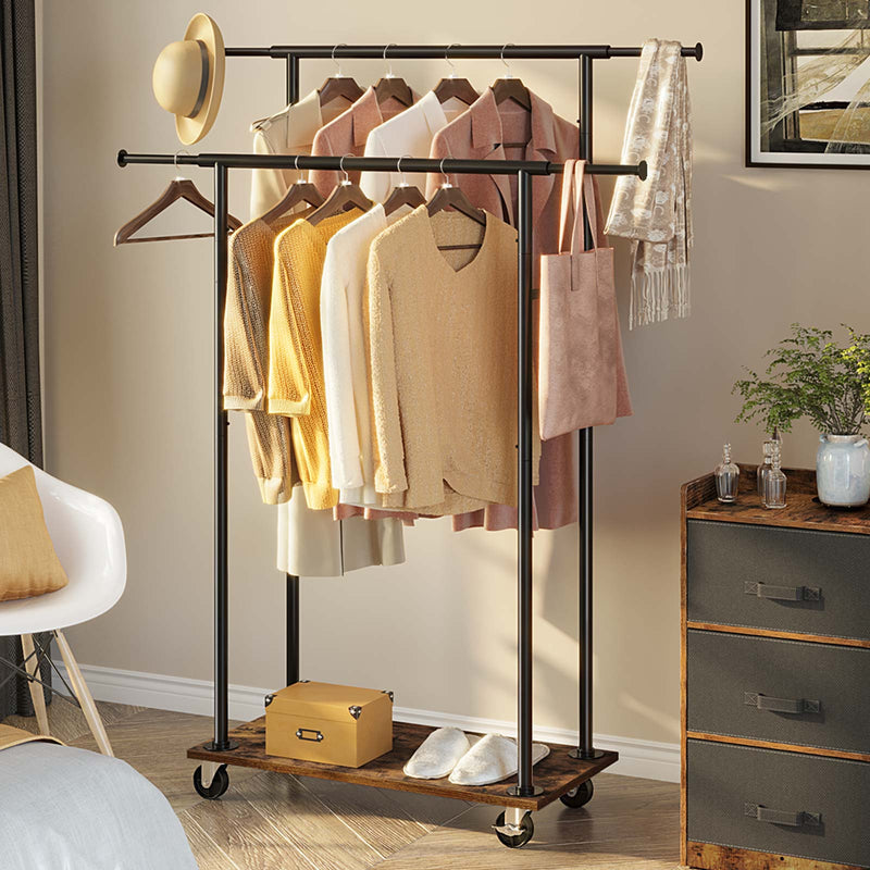 Rolanstar Heavy Duty Extendable Double Rod Clothes Rack with Wooden Shelf