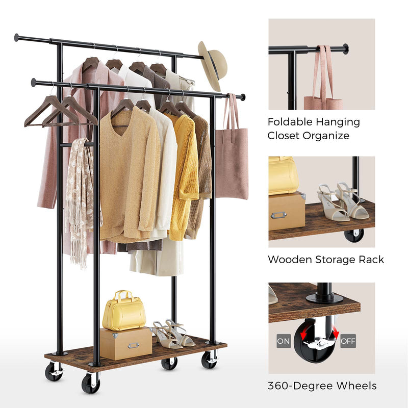 Double Rod Closet Organizer, Heavy Duty Tall 3 Tiers Shelves Clothes Garment Racks - Rustic Brown