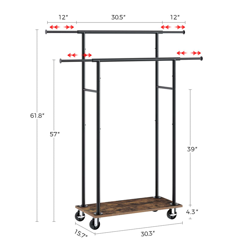 Rolanstar Heavy Duty Extendable Double Rod Clothes Rack with Wooden Shelf
