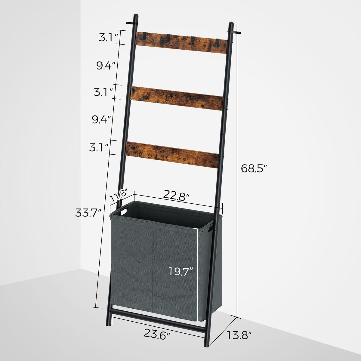Rolanstar 3 Tier Wall Leaning Ladder Shelf with Storage Basket 4 Han