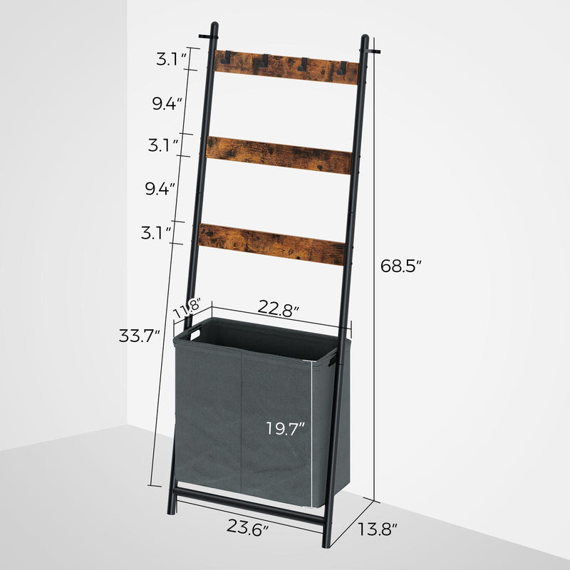 Rolanstar 3-Tier Wall-Leaning Ladder Shelf with Storage Basket & 4 Hanging Hooks