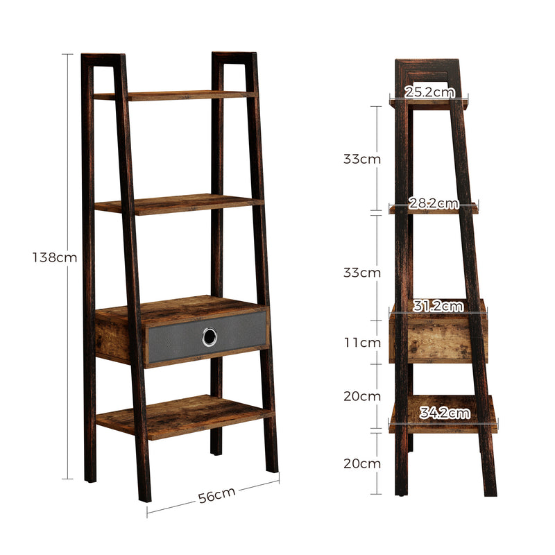 Rolanstar Ladder Shelf with Drawer, 4-Tier Metal Frame Rustic Ladder Bookshelf