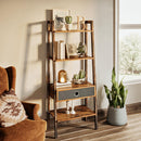 Rolanstar Ladder Shelf with Drawer, 4-Tier Metal Frame Rustic Ladder Bookshelf