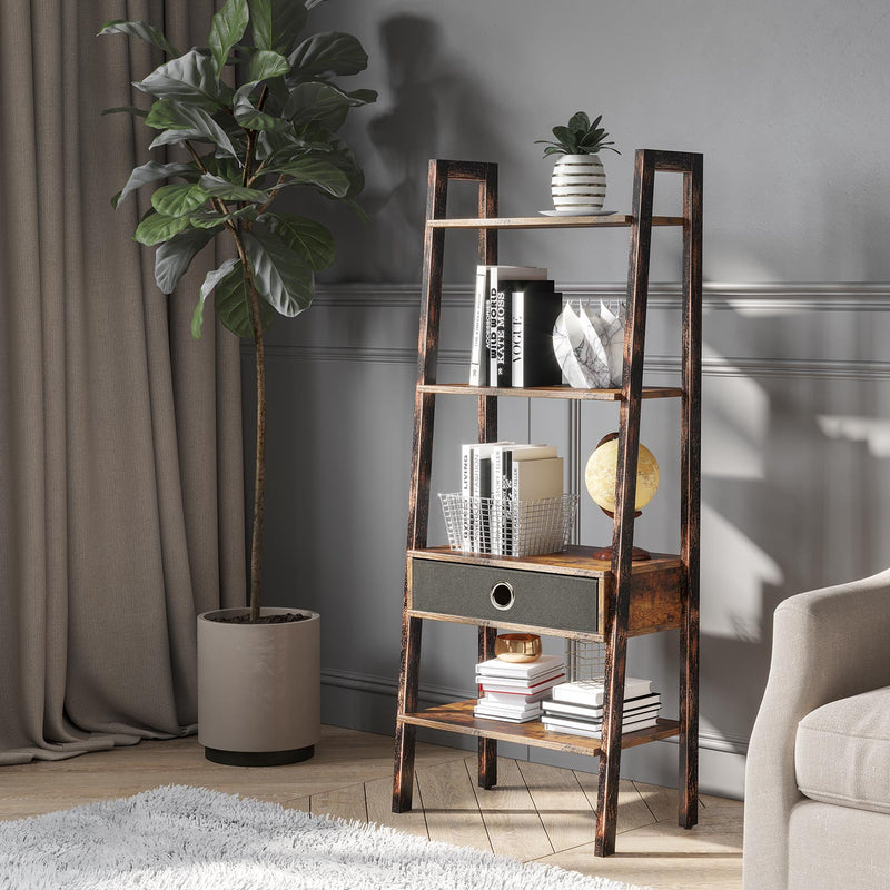 Rolanstar Ladder Shelf with Drawer 4 Tier Metal Frame Rustic Ladder B