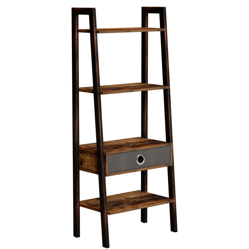 Rolanstar Ladder Shelf with Drawer, 4-Tier Metal Frame Rustic Ladder Bookshelf