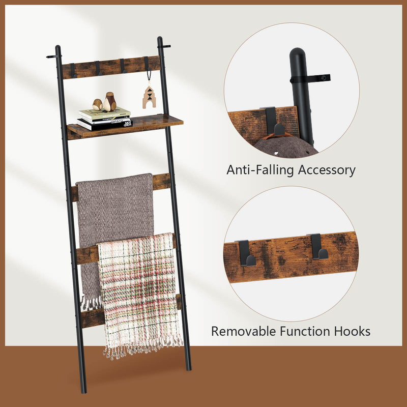 Rolanstar 5-Tier Farmhouse Ladder Shelf with Adjustable Shelf & 4 Hanging Hooks