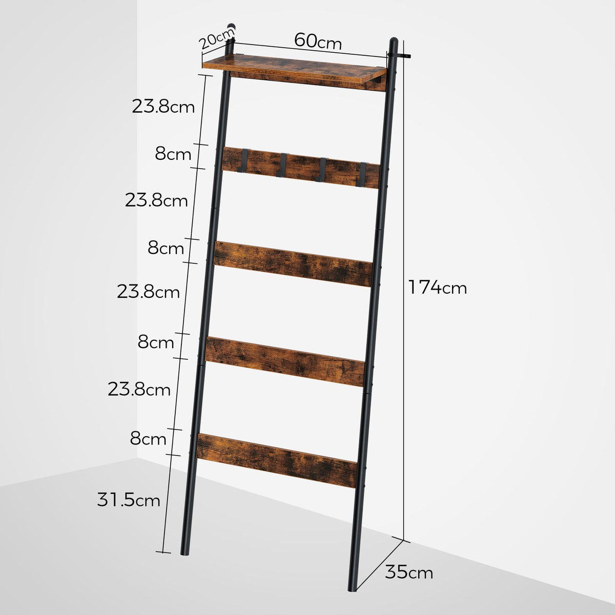 Rolanstar 5-Tier Farmhouse Ladder Shelf with Adjustable Shelf & 4 Hang