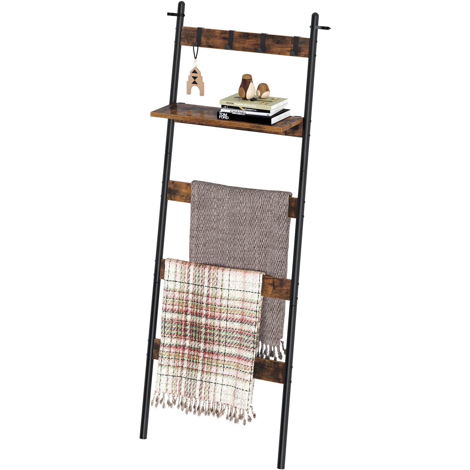 Rolanstar 5-Tier Farmhouse Ladder Shelf with Adjustable Shelf & 4 Hang