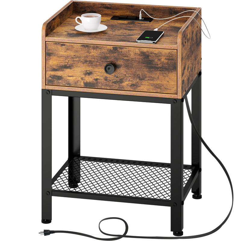 Rolanstar Rustic Nightstand Side Table  with Charging Station and USB Ports