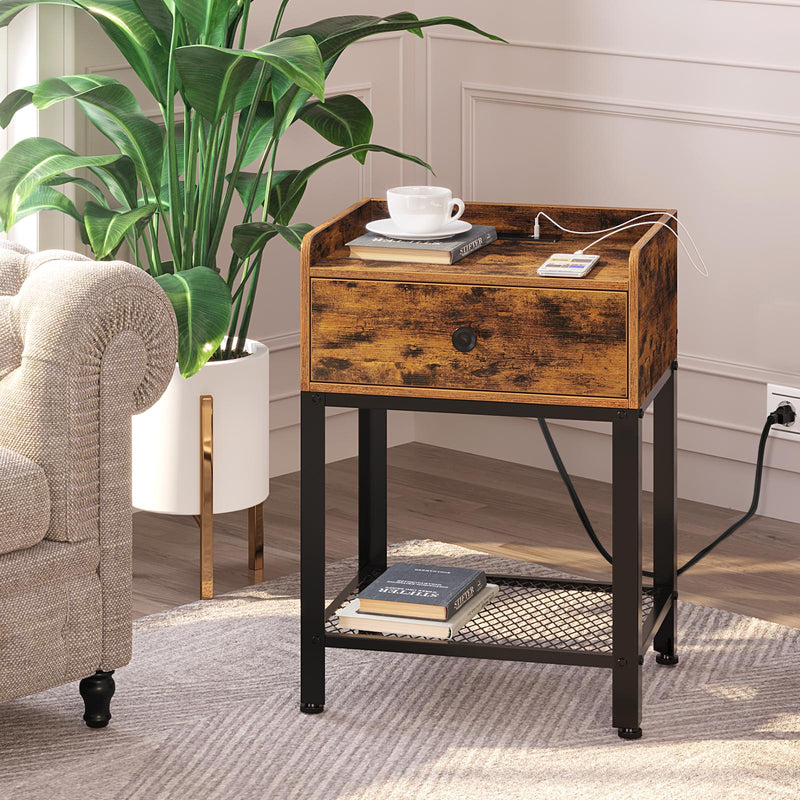 Rolanstar Rustic Nightstand Side Table  with Charging Station and USB Ports