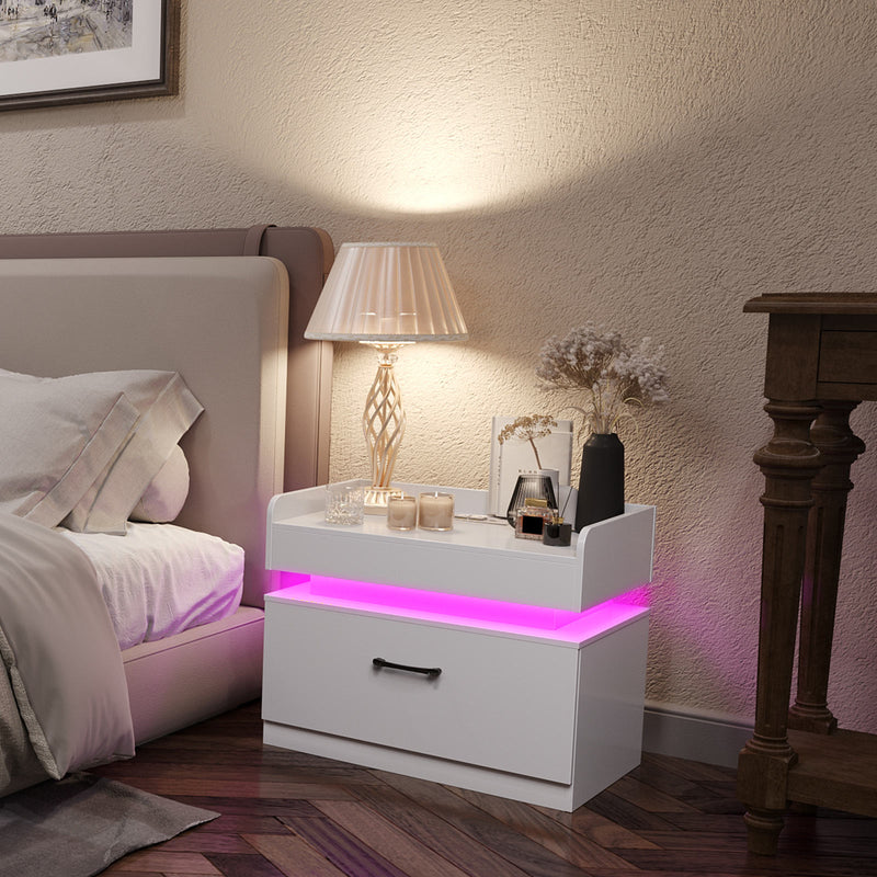 Seventable Nightstand with Charging Station and LED Lights with 1 Drawer