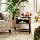 Rolanstar Rustic Side Table with Open Drawer, Metal Frame Nightstand with Storage Shelf