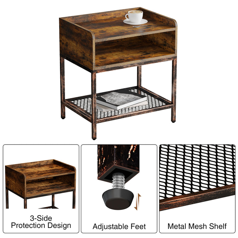 Rolanstar Rustic Side Table with Open Drawer, Metal Frame Nightstand with Storage Shelf