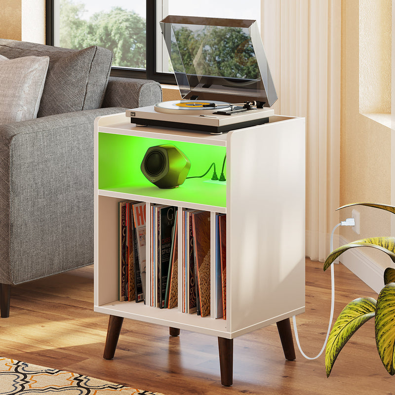 Rolanstar End Table with Charging Station, Record Player Stand with LED Lights Rustic Brown