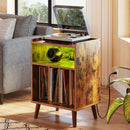 Rolanstar End Table with Charging Station, Record Player Stand with LED Lights Rustic Brown
