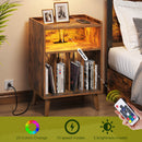 Rolanstar End Table with Charging Station, Record Player Stand with LED Lights Rustic Brown