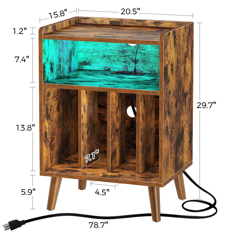 Rolanstar End Table with Charging Station, Record Player Stand with LED Lights Rustic Brown