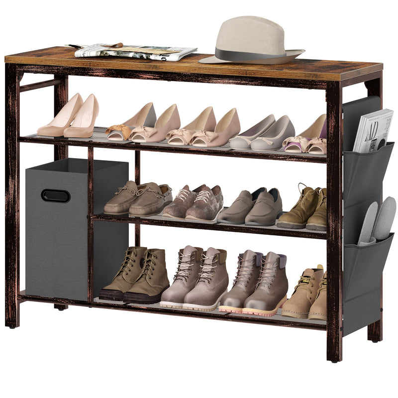 4 Tier Long Shoe Rack with Side Bag for Closet, Wide Shoe Storage
