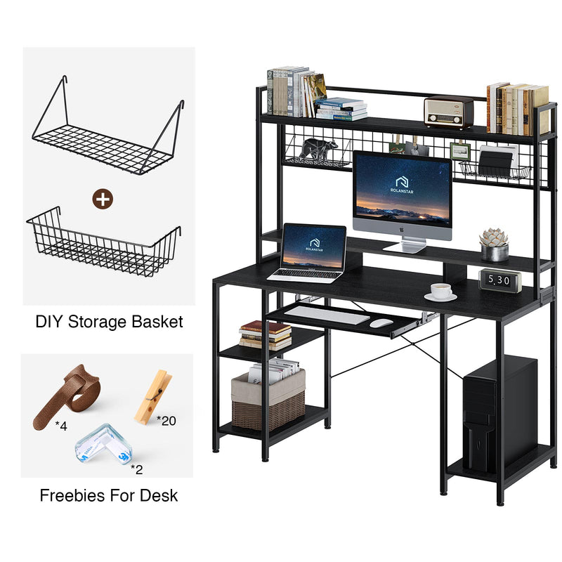 Rolanstar Computer Desk with Hutch and Keyboard Tray, 55" Office Desk with Storage Shelves, Studying Writing Desk Workstation for Home Office, Black